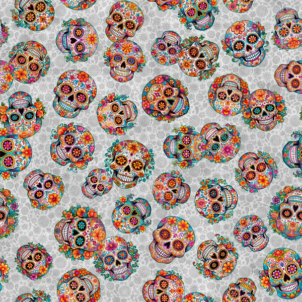 Image of the Skullduggery Sugar Skulls Toss Gray quilting cotton fabric by Morris Creative Group by QT Fabrics. Features skulls on a gray background. Cute Little Fabric Shop
