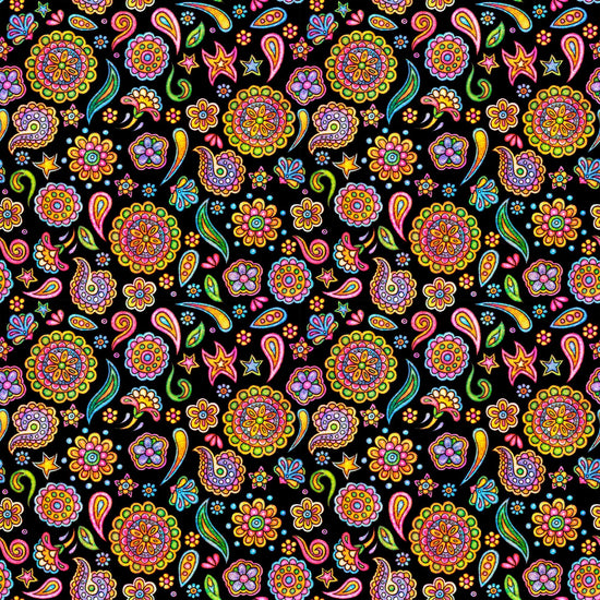 Image of the Skullduggery Ditsy Geo Black quilting cotton fabric by Morris Creative Group by QT Fabrics. Features flowers on an black background. Cute Little Fabric Shop