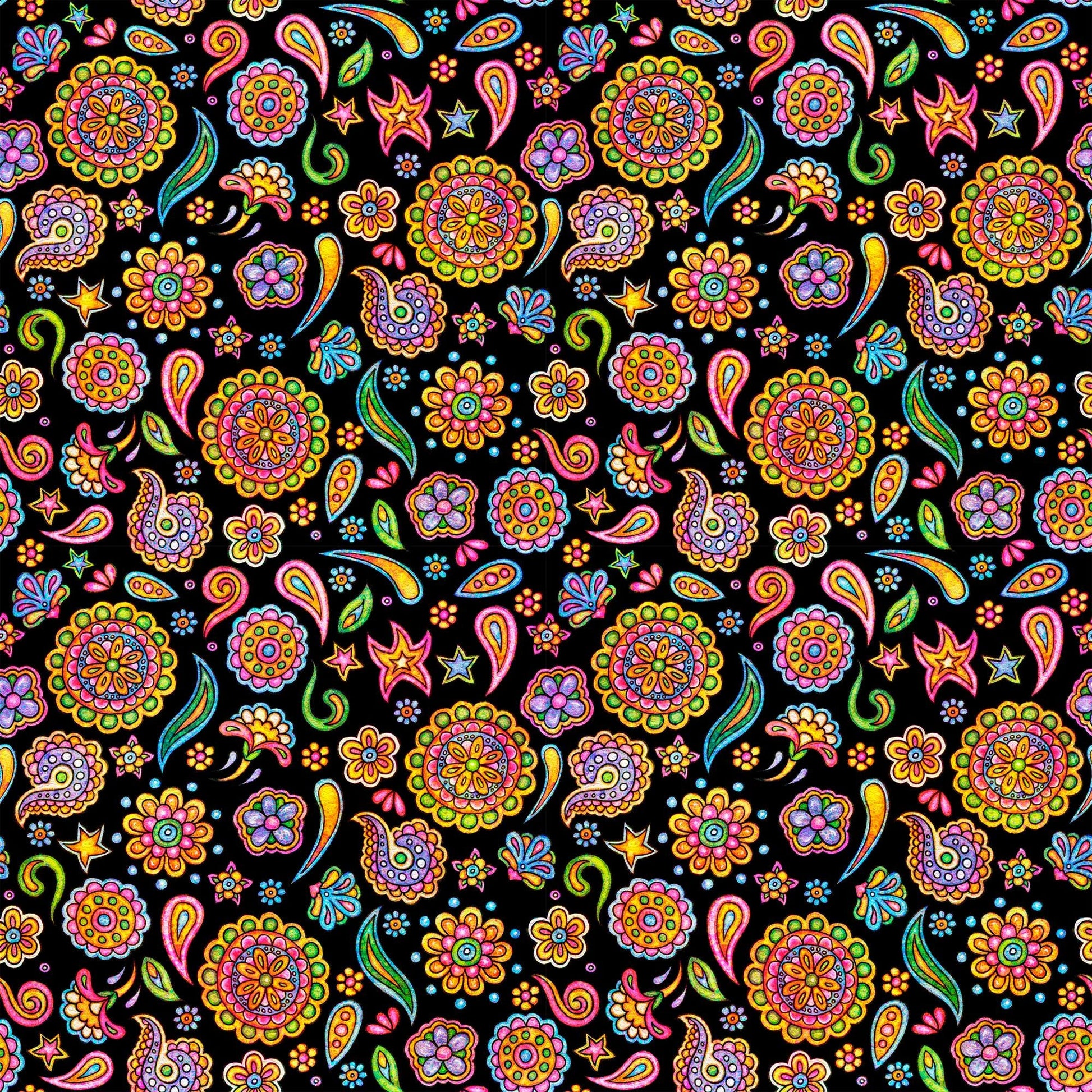 Image of the Skullduggery Ditsy Geo Black quilting cotton fabric by Morris Creative Group by QT Fabrics. Features flowers on an black background. Cute Little Fabric Shop