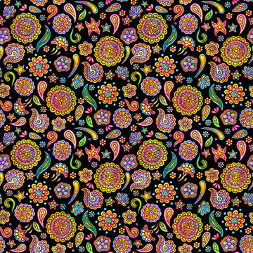 Image of the Skullduggery Ditsy Geo Black quilting cotton fabric by Morris Creative Group by QT Fabrics. Features flowers on an black background. Cute Little Fabric Shop