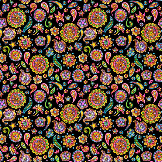 Image of the Skullduggery Ditsy Geo Black quilting cotton fabric by Morris Creative Group by QT Fabrics. Features flowers on an black background. Cute Little Fabric Shop