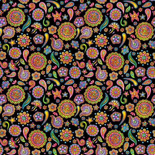 Image of the Skullduggery Ditsy Geo Black quilting cotton fabric by Morris Creative Group by QT Fabrics. Features flowers on an black background. Cute Little Fabric Shop