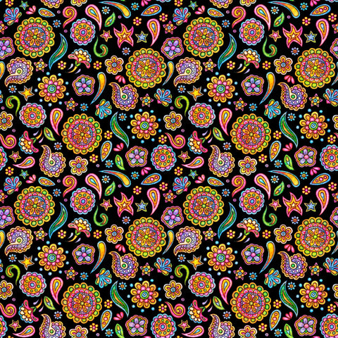 Image of the Skullduggery Ditsy Geo Black quilting cotton fabric by Morris Creative Group by QT Fabrics. Features flowers on an black background. Cute Little Fabric Shop