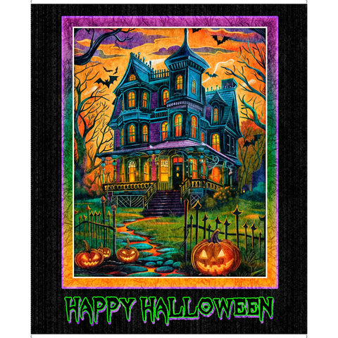 Happy Haunting Haunted Mansion Panel 31042 Multi X - by QT Fabrics - Spooky Halloween Jack-O-Lantern - Quilting Cotton Fabric
