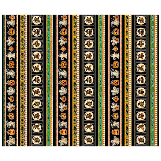 Image of the Happy Haunting Halloween Stripe Multi quilting cotton fabric by Morris Creative Group for QT Fabrics. Features stripes on an orange background. Cute Little Fabric Shop