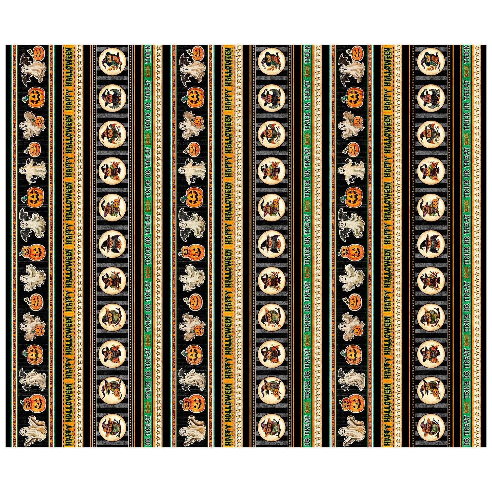 Image of the Happy Haunting Halloween Stripe Multi quilting cotton fabric by Morris Creative Group for QT Fabrics. Features stripes on an orange background. Cute Little Fabric Shop
