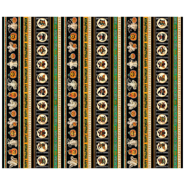 Image of the Happy Haunting Halloween Stripe Multi quilting cotton fabric by Morris Creative Group for QT Fabrics. Features stripes on an orange background. Cute Little Fabric Shop