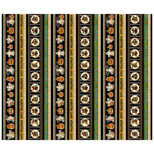 Image of the Happy Haunting Halloween Stripe Multi quilting cotton fabric by Morris Creative Group for QT Fabrics. Features stripes on an orange background. Cute Little Fabric Shop