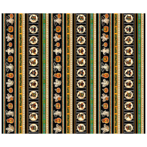Image of the Happy Haunting Halloween Stripe Multi quilting cotton fabric by Morris Creative Group for QT Fabrics. Features stripes on an orange background. Cute Little Fabric Shop
