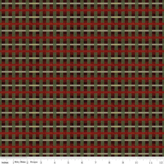 Image of the Up on the Housetop Plaid Cranberry quilting cotton fabric by Riley Blake Designs. Features printed gingham stripes on a dark red background. 
Cute Little Fabric Shop