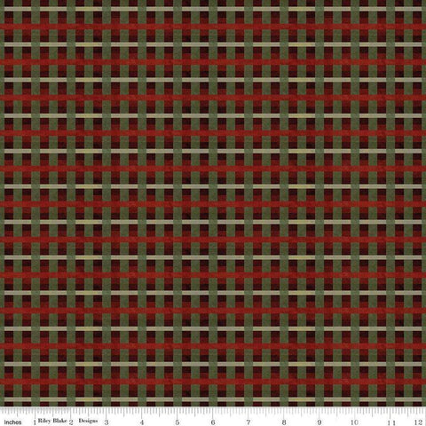 Image of the Up on the Housetop Plaid Cranberry quilting cotton fabric by Riley Blake Designs. Features printed gingham stripes on a dark red background. 
Cute Little Fabric Shop