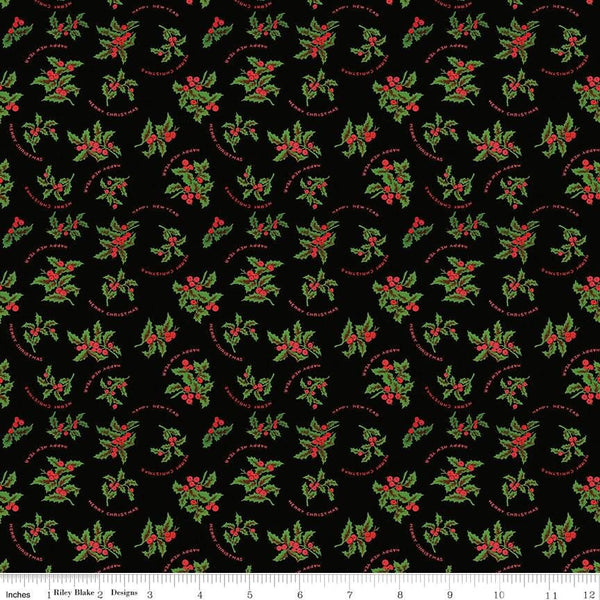 25" End of Bolt - SALE All About Christmas Holly C10800 Black - Riley Blake Designs - Holly Berries Merry Christmas - Quilting Cotton Fabric