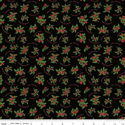 25" End of Bolt - SALE All About Christmas Holly C10800 Black - Riley Blake Designs - Holly Berries Merry Christmas - Quilting Cotton Fabric