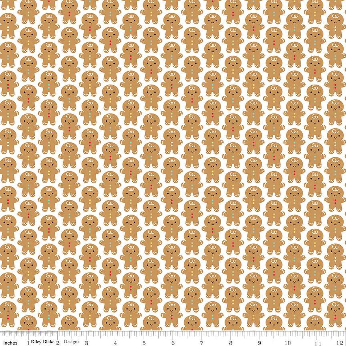 Image of the Gingerbread Kisses Gingerbread Men White quilting cotton fabric. Features gingerbread men on a white background. Cute Little Fabric Shop