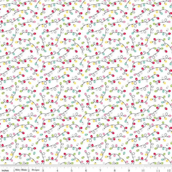 Image of the Gingerbread Kisses Lights White quilting cotton fabric. Features lights on a white background. Cute Little Fabric Shop