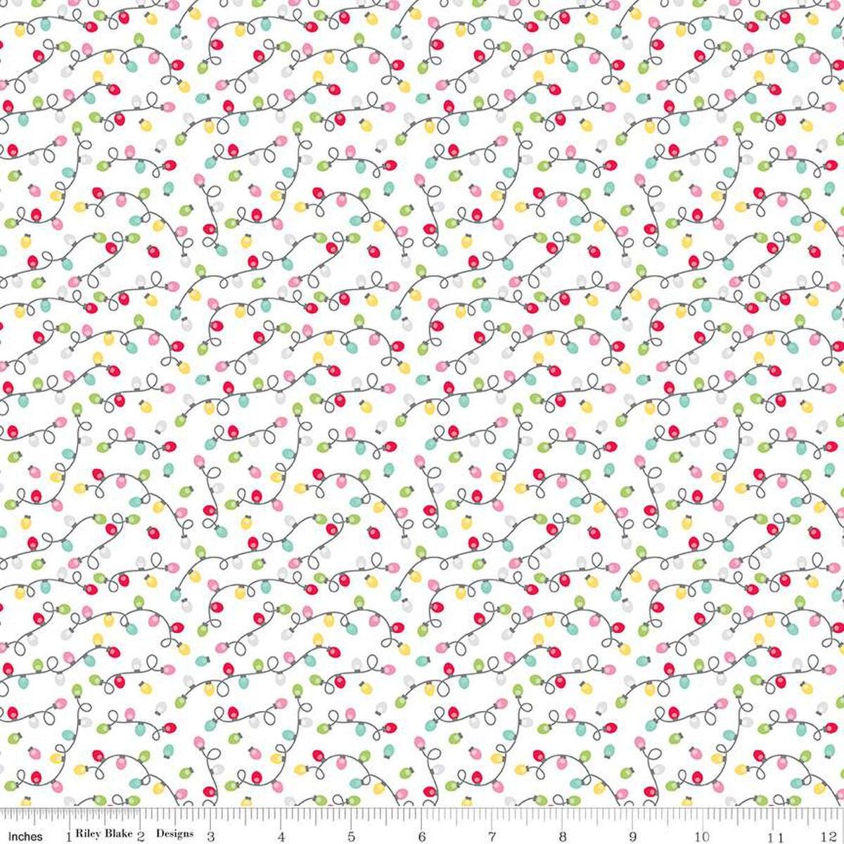 Image of the Gingerbread Kisses Lights White quilting cotton fabric. Features lights on a white background. Cute Little Fabric Shop