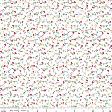 Image of the Gingerbread Kisses Lights White quilting cotton fabric. Features lights on a white background. Cute Little Fabric Shop