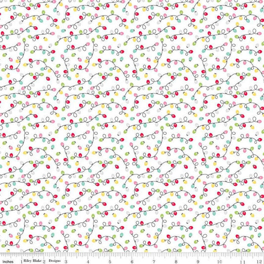 Image of the Gingerbread Kisses Lights White quilting cotton fabric. Features lights on a white background. Cute Little Fabric Shop