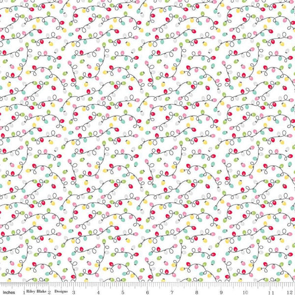 Image of the Gingerbread Kisses Lights White quilting cotton fabric. Features lights on a white background. Cute Little Fabric Shop