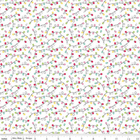 Image of the Gingerbread Kisses Lights White quilting cotton fabric. Features lights on a white background. Cute Little Fabric Shop