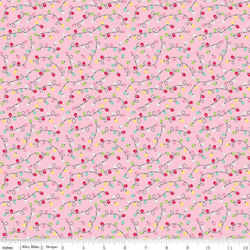 Image of the Gingerbread Kisses Lights Pink quilting cotton fabric. Features lights on a pink background. Cute Little Fabric Shop