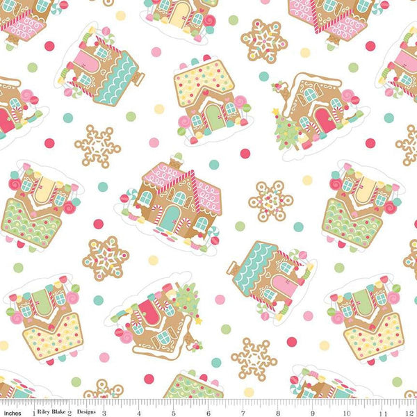 Image of the Gingerbread Kisses Main White quilting cotton fabric. Features icons on a white background. Cute Little Fabric Shop
