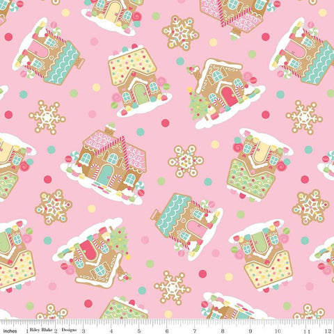 Image of the Gingerbread Kisses Main Pink quilting cotton fabric. Features icons on a pink background. Cute Little Fabric Shop