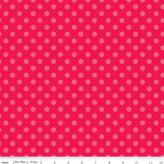 Image of the Gingerbread Kisses Polka Dots Red quilting cotton fabric. Features dots on a red background. Cute Little Fabric Shop