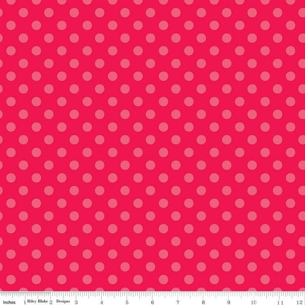 Image of the Gingerbread Kisses Polka Dots Red quilting cotton fabric. Features dots on a red background. Cute Little Fabric Shop