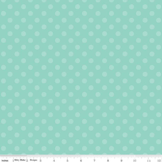 Image of the Gingerbread Kisses Polka Dots Blue quilting cotton fabric. Features dots on a blue background. Cute Little Fabric Shop