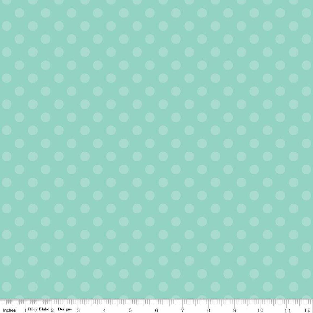Image of the Gingerbread Kisses Polka Dots Blue quilting cotton fabric. Features dots on a blue background. Cute Little Fabric Shop