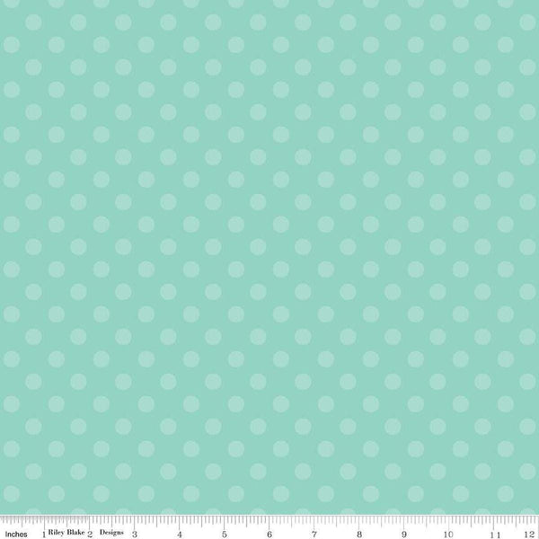 Image of the Gingerbread Kisses Polka Dots Blue quilting cotton fabric. Features dots on a blue background. Cute Little Fabric Shop