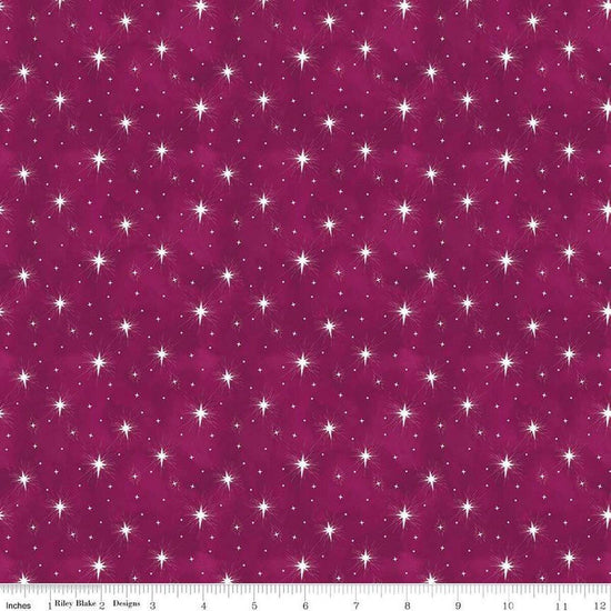 Image of the Come Let Us Adore Him Stars Wine quilting cotton fabric. Features stars on a burgundy background. Cute Little Fabric Shop