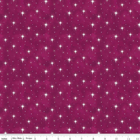 Image of the Come Let Us Adore Him Stars Wine quilting cotton fabric. Features stars on a burgundy background. Cute Little Fabric Shop
