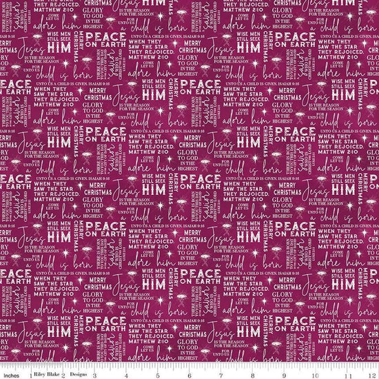 Image of the Come Let Us Adore Him Text Wine quilting cotton fabric. Features words on a burgundy background. Cute Little Fabric Shop