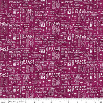 Image of the Come Let Us Adore Him Text Wine quilting cotton fabric. Features words on a burgundy background. Cute Little Fabric Shop