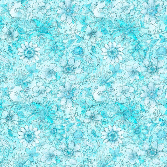 2yd 35" End of Bolt - SALE Enchanted Flower Tonal WIDEBACK 30763 Aqua Q - QT Fabrics - 108" - Floral Blossoms - Quilting Cotton Fabric