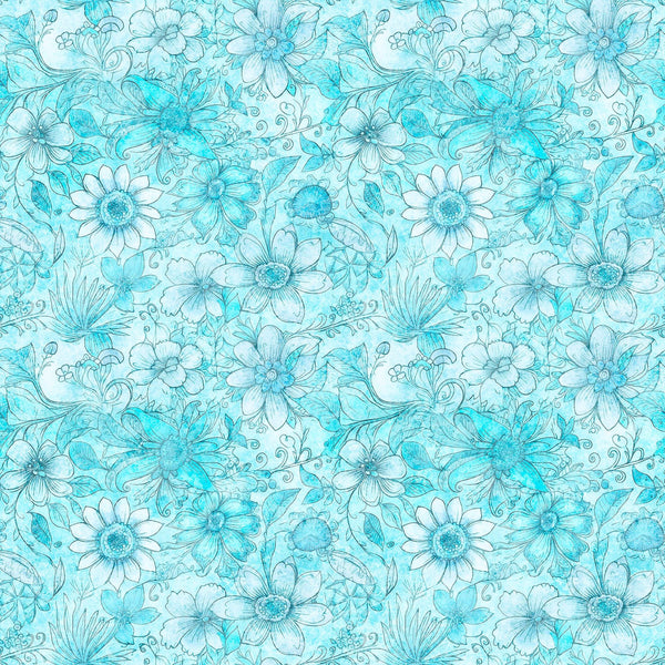 3 Yard Cut - Enchanted Flower Tonal WIDE Back 30763 Aqua Q - QT Fabrics - 107/108" Wide - Floral Blossoms - Quilting Cotton Fabric