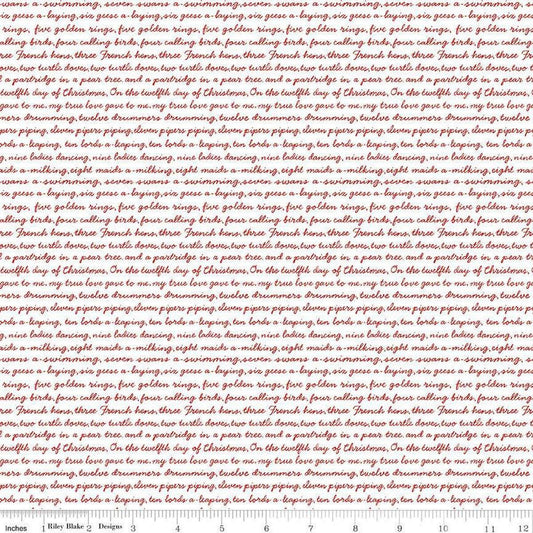 Fat Quarter End of Bolt -A Pear-fect Christmas Calling Words C14974 White - Riley Blake -Text The Twelve Days of Christmas - Quilting Cotton