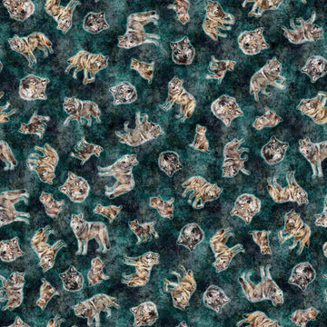 SALE Running With The Pack Tossed Wolves 31101 DK Teal Q - - QT Fabrics - Wolf Outdoor Animals - Quilting Cotton Fabric
