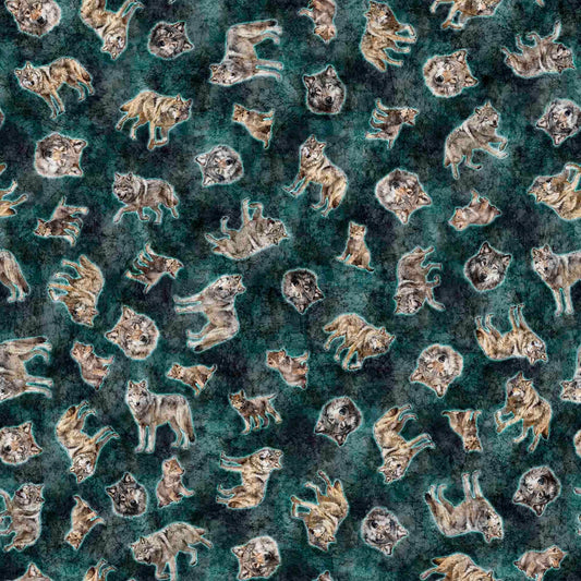 SALE Running With The Pack Tossed Wolves 31101 DK Teal Q - - QT Fabrics - Wolf Outdoor Animals - Quilting Cotton Fabric