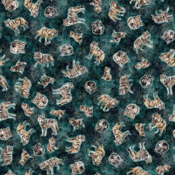 Running With The Pack Tossed Wolves 31101 DK Teal Q - by QT Fabrics - Wolf Outdoor Animals - Quilting Cotton Fabric