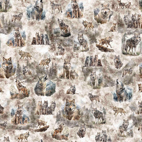 Running With The Pack Wolf Vignettes 31100 Cream E - by QT Fabrics - Wolves Wolf Animals Trees - Quilting Cotton Fabric