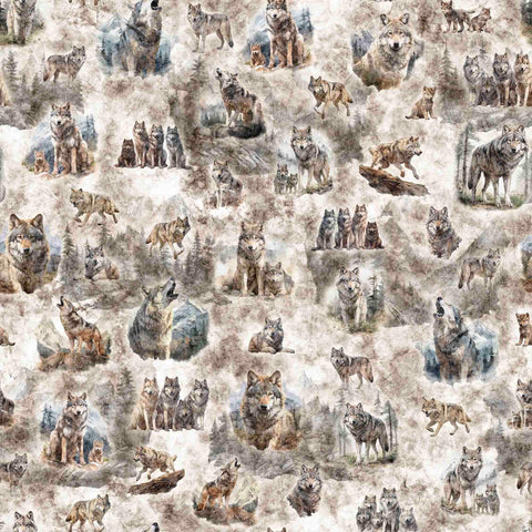 Running With The Pack Wolf Vignettes 31100 Cream E - by QT Fabrics - Wolves Wolf Animals Trees - Quilting Cotton Fabric