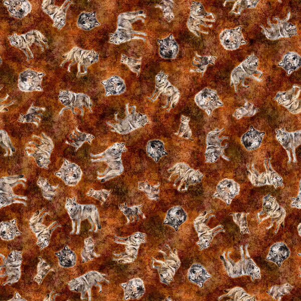 SALE Running With The Pack Tossed Wolves 31101 Brown A - by QT Fabrics - Wolf Outdoor Animals - Quilting Cotton Fabric