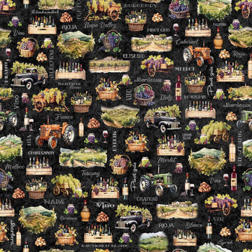 Image of the Cork & Barrel Wine Motifs and Region Charcoal quilting cotton fabric by Morris Creative Group for QT Fabrics. Features wine icons on a black background. Cute Little Fabric Shop