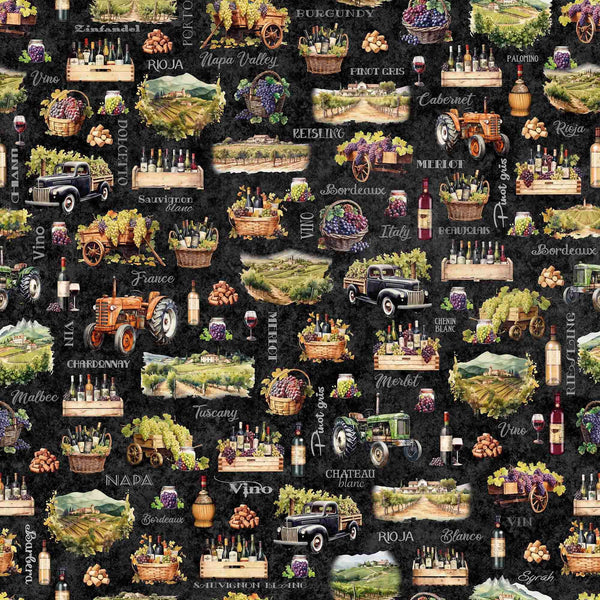 Image of the Cork & Barrel Wine Motifs and Region Charcoal quilting cotton fabric by Morris Creative Group for QT Fabrics. Features wine icons on a black background. Cute Little Fabric Shop