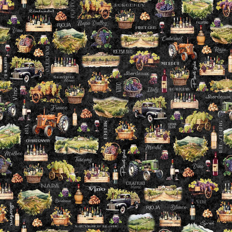 Image of the Cork & Barrel Wine Motifs and Region Charcoal quilting cotton fabric by Morris Creative Group for QT Fabrics. Features wine icons on a black background. Cute Little Fabric Shop