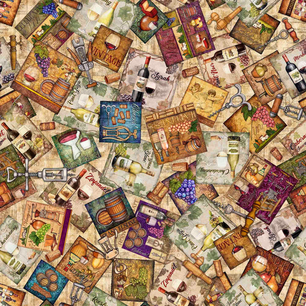 Image of the Cork & Barrel Wine Labels Tan quilting cotton fabric by Morris Creative Group for QT Fabrics. Features wine icons on a tan background. Cute Little Fabric Shop
