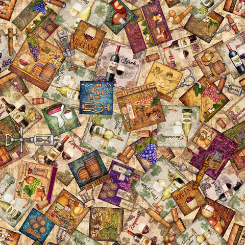 Image of the Cork & Barrel Wine Labels Tan quilting cotton fabric by Morris Creative Group for QT Fabrics. Features wine icons on a tan background. Cute Little Fabric Shop